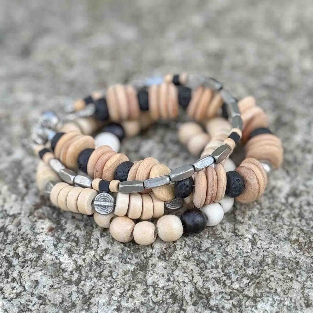 Handmade wood and metal unisex bracelet stack